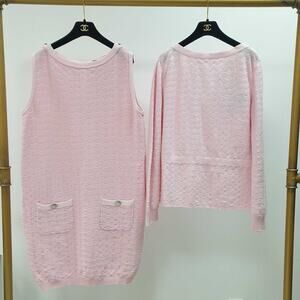 CHANEL 2014 Pink Cotton Dress Cardigan Suit Set Sz.44-46